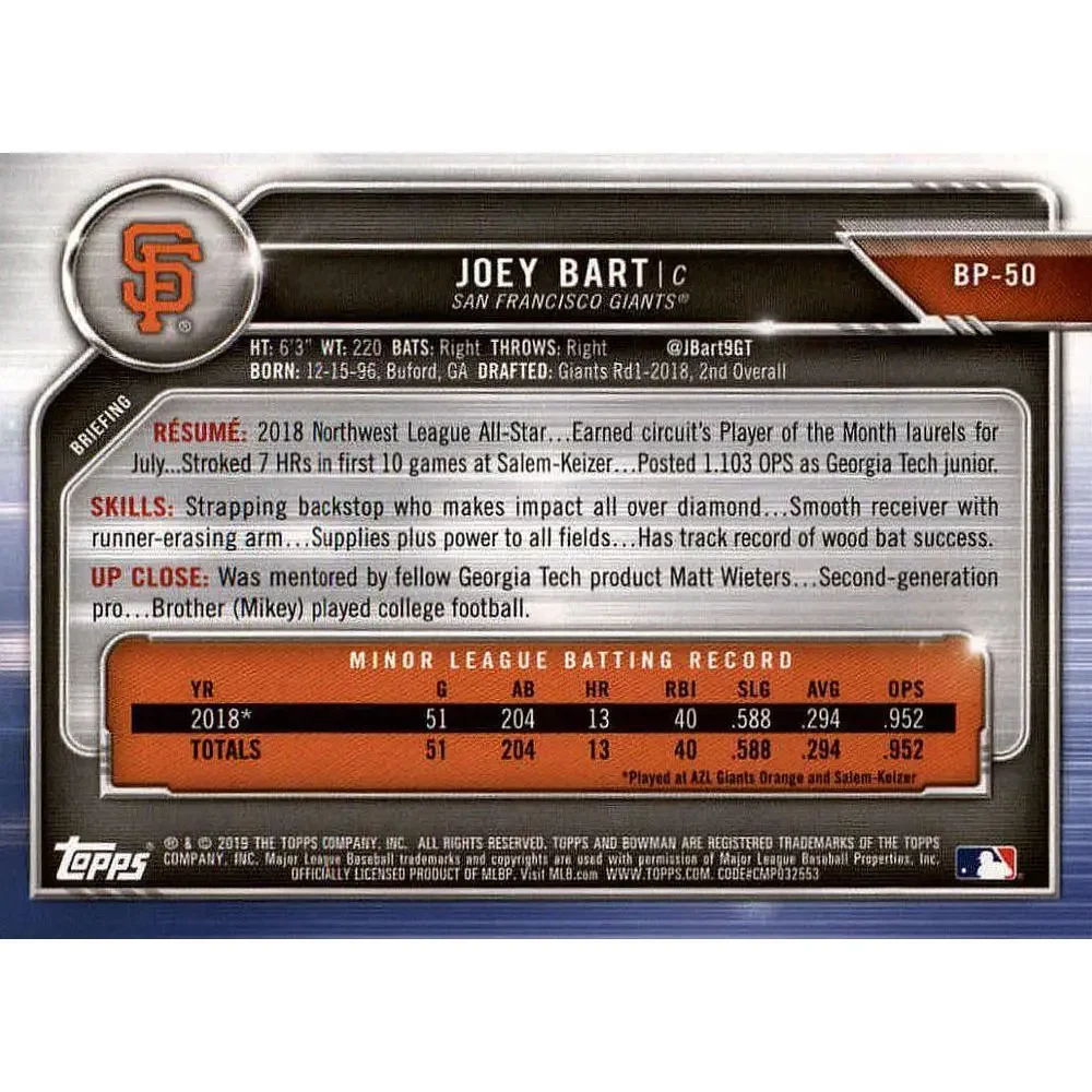 2019 Bowman Prospects Joey Bart #BP-50 San Francisco Giants